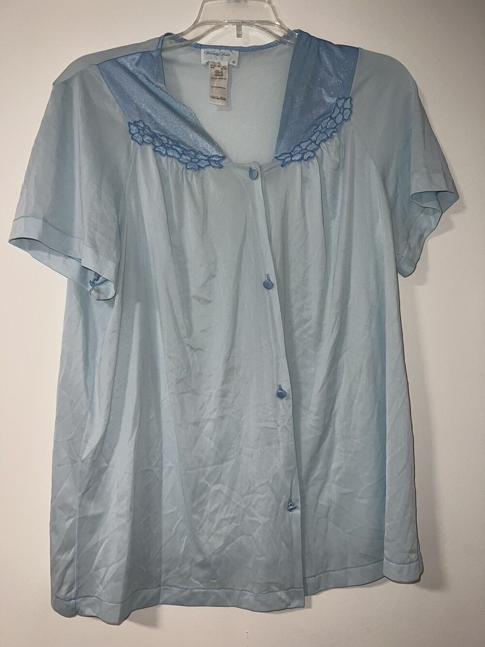 Vanity Fair womens light blue floral button down pajama shirt floral collar MED